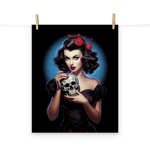 Horror Goth Pinup Girl Poster – Bewitching Beauty Holding a Skull for Creepy Home Decor