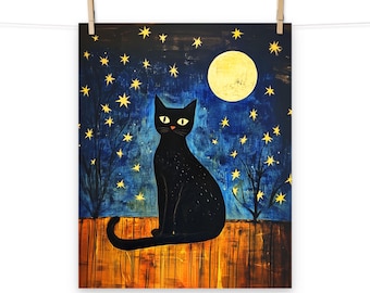 Black Cat and Moon and Stars Poster B - Celestial Cat Lover Wall Art for Home Decor
