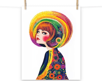Psychedelic Retro Girl Art Print – 70s Rainbow Pop Vintage Poster for Home Decor