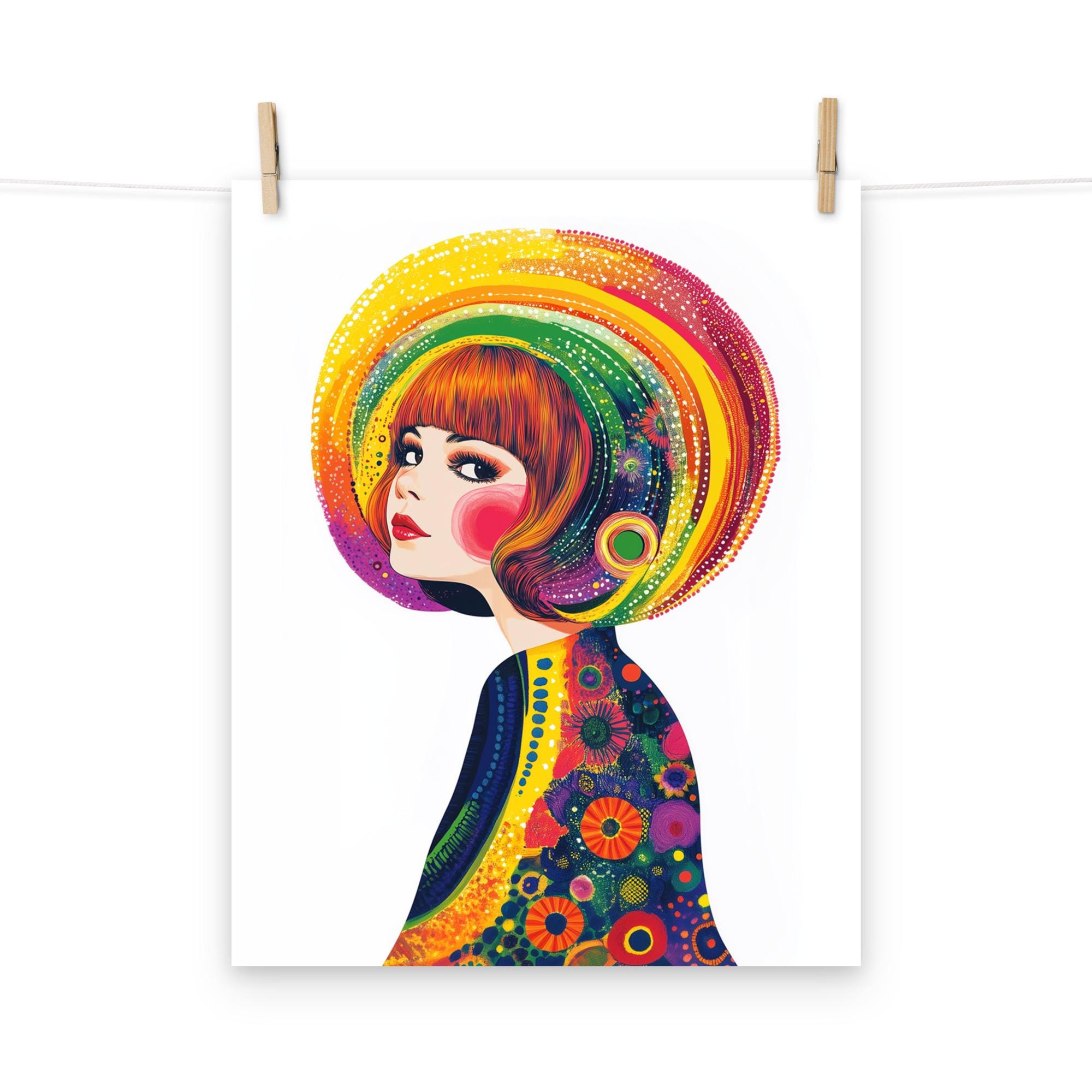 サイケデリックなレトロガールアートプリント - 70年代のレインボー