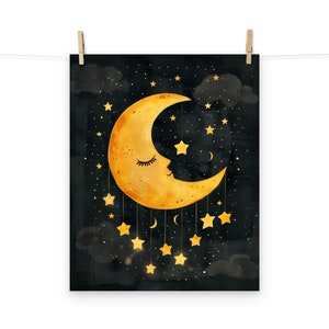 Niedliches Poster mit schlafendem Halbmond und Sternen - ein ruhiger Nachthimmel-Druck, ideal um eine friedliche Atmosphäre zu schaffen