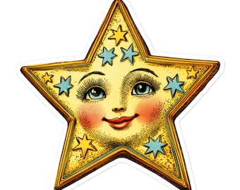 Vintage Star Sticker with Face - Cute Retro Celestial Decor Decal for Laptops, Water Bottles and Scrapbooks