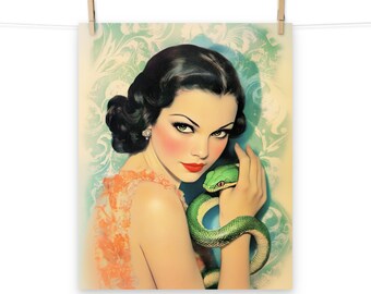 Vintage Glamour Pinup Girl with Snake Poster – Retro Portrait Art Print for Home Decor