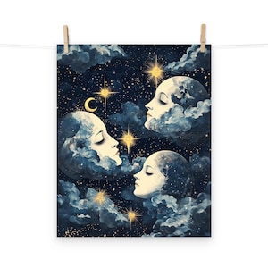 Poster con volti di sogni celestiali – Arte surreale del cielo notturno con stelle, lune e nuvole per l'arredamento della casa