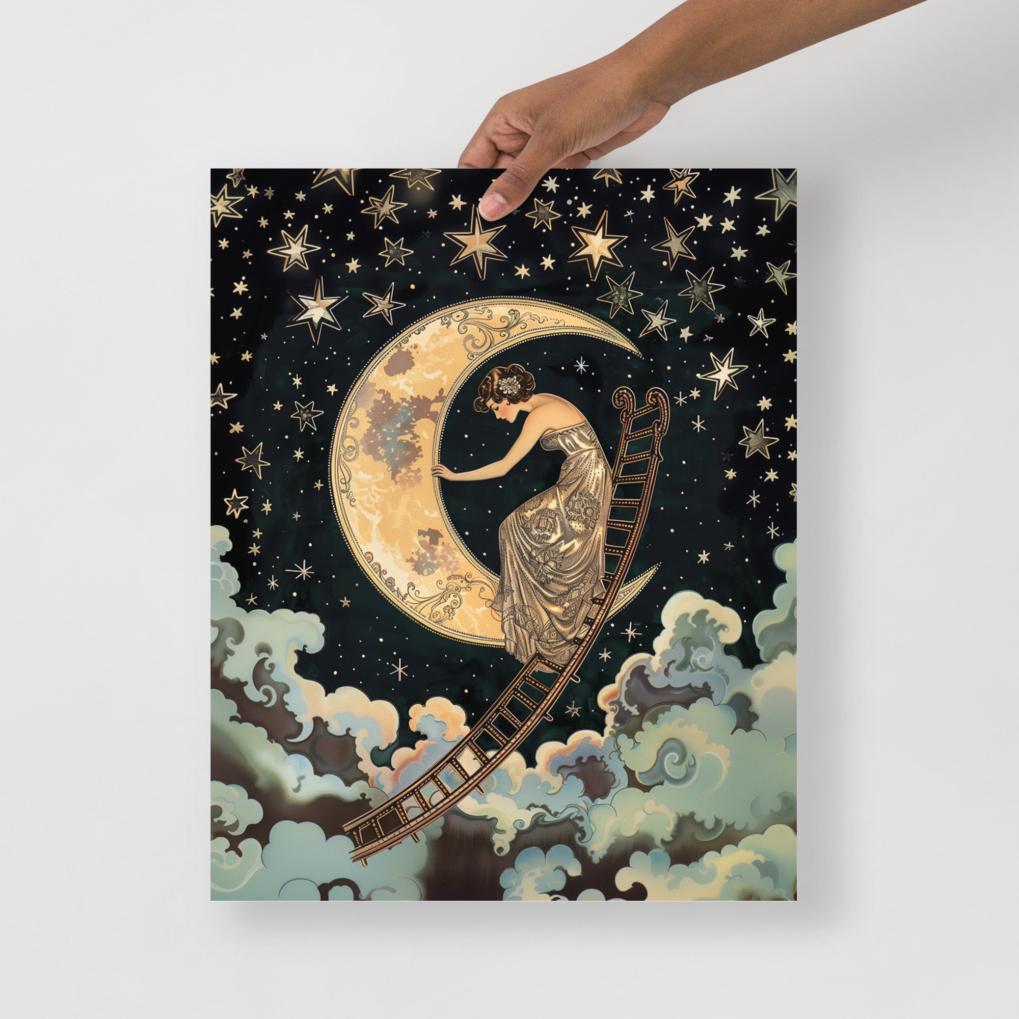 月と少女　ムーン　絵　ヴィンテージ　レトロ Art Nouveau Ladder to the Moon and Stars Poster - Art Deco