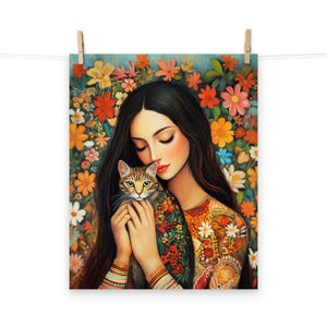 Whimsical Woman with Cat Floral Wall Art Print – Boho Cat Lover Illustration, Vintage Botanical Home Decor