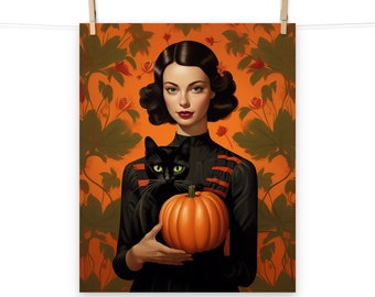 Mädchen mit schwarzer Katze und Kürbis Poster - Herbst und Halloween Kunstdruck für Wohnkultur