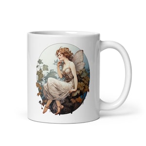 Beautiful Fairy and Leaves Art Nouveau White Coffee Mug