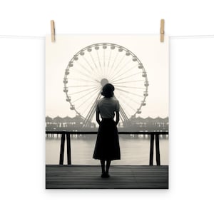 Poster vintage di donna con ruota panoramica – Stampa artistica in bianco e nero per l'arredamento retrò della casa