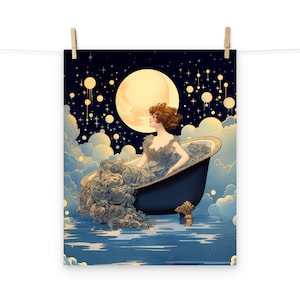 Art Nouveau Celestial Moonlit Lady in the Bath Poster - Vintage Wall Art for Home Decor
