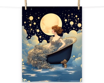 Art Nouveau Celestial Moonlit Lady in the Bath Poster - Vintage Wall Art for Home Decor