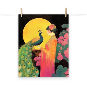 Moonlit Woman and Peacock Art Deco Print – Vintage Inspired Poster for Retro Home Decor