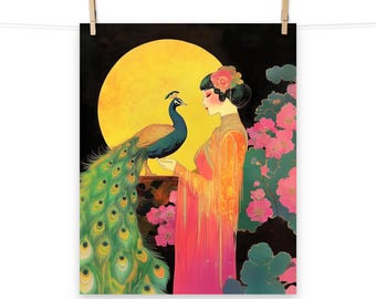 Moonlit Woman and Peacock Art Deco Print – Vintage Inspired Poster for Retro Home Decor