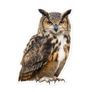 Peut inclure: Un autocollant représentant une illustration détaillée d'un grand-duc d'Amérique. Le hibou a des plumes brunes, noires et beiges, avec des yeux orange vif et une poitrine blanche. Le hibou est perché et fait face, avec ses serres acérées visibles.