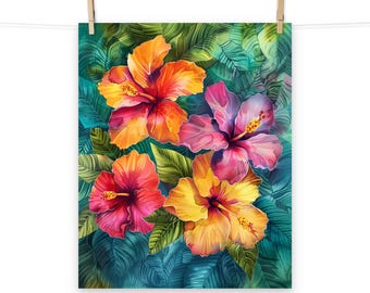 May include: A vibrant floral print featuring four hibiscus flowers in shades of red, orange, yellow, and purple. The flowers are set against a backdrop of lush green leaves.