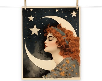 Celestial Redhead Moon Goddess Art Nouveau Poster