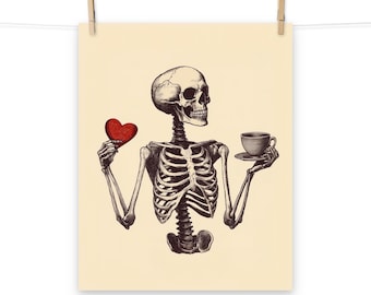 May include: A skeleton holding a red heart and a cup of coffee. The skeleton is wearing a white shirt and has a black tie. The background is a light beige color.