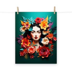 Poster artistico di carta con bella donna e fiori colorati