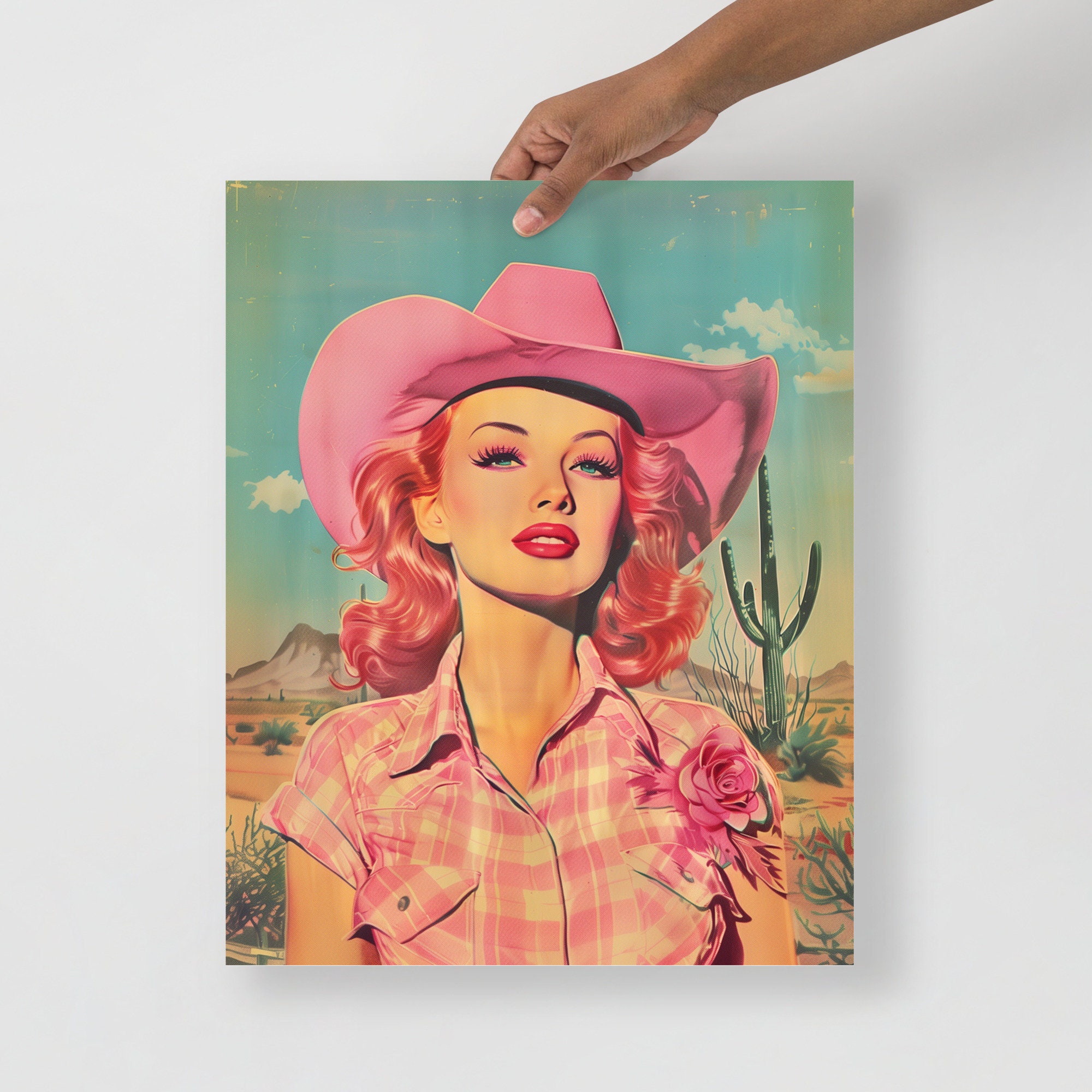 Pink Cowgirl Retro Pinup Poster - Desert Western Cactus Art Print