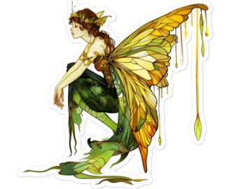 Art Nouveau Green Fairy Vinyl Sticker – Fantasy Woodland Sprite Decal for Laptops, Water Bottles and More