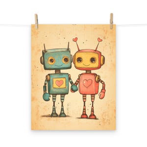 Póster de robots enamorados: adorable pareja romántica de robots para decorar tu hogar con un toque de fantasía.