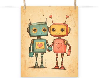 Póster de robots enamorados: adorable pareja romántica de robots para decorar tu hogar con un toque de fantasía.