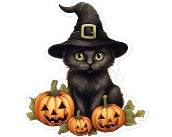 Sticker vintage chat noir et citrouilles d'Halloween - Sticker chaton sorcière pour la saison effrayante