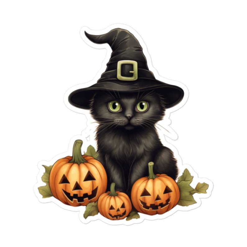 Vintage Black Cat and Pumpkins Halloween Sticker - Witch Kitten Decal ...
