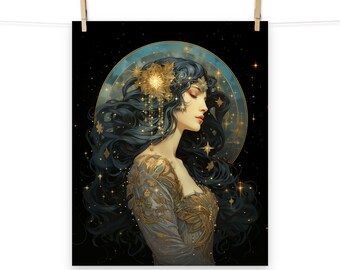 Celestial Star Goddess Art Nouveau Poster B - Fantasy Wall Art for Mystical Home Decor