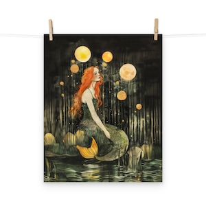 Jugendstil mystische Meerjungfrau im Mondlicht Poster - bezaubernde himmlische Sirene Kunstdruck, Fantasy Dekor für Zuhause und Büro