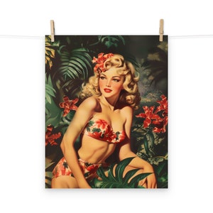 Retro Tropical Pinup Girl Poster - Vintage-Inspired Wall Art for Home Decor, 1950s Style Illustration