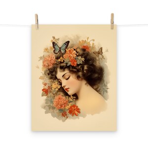 Póster de mujer victoriana con flores y mariposas