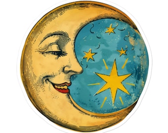 Vintage Moon and Stars Vinyl Sticker - Retro Crescent Moon Decal for Water Bottles, Journals and Laptops