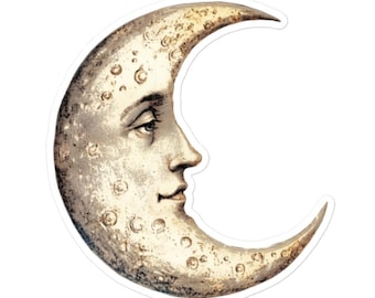 Vintage Crescent Moon Face Vinyl Sticker - Celestial Moon Decal for Laptops, Water Bottles, and Journals | Gothic, Boho, and Astrology Art