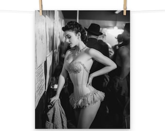 Vintage Showgirl Art Print – Black and White Burlesque Dancer Poster – Retro Backstage Wall Art