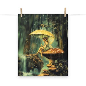 Zauberhafte Fee auf einem Pilz im Regen Poster – Zauberwald Fantasy Kunstdruck für das Wohndekor