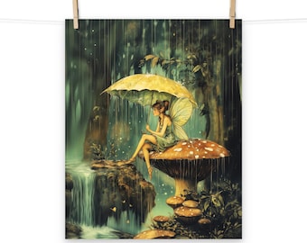 Whimsical Fairy on a Mushroom in the Rain Poster – Enchanted Forest Fantasy Art Print for Home Decor