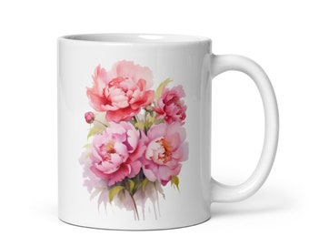 Pink Peony Water Color White Coffee Mug
