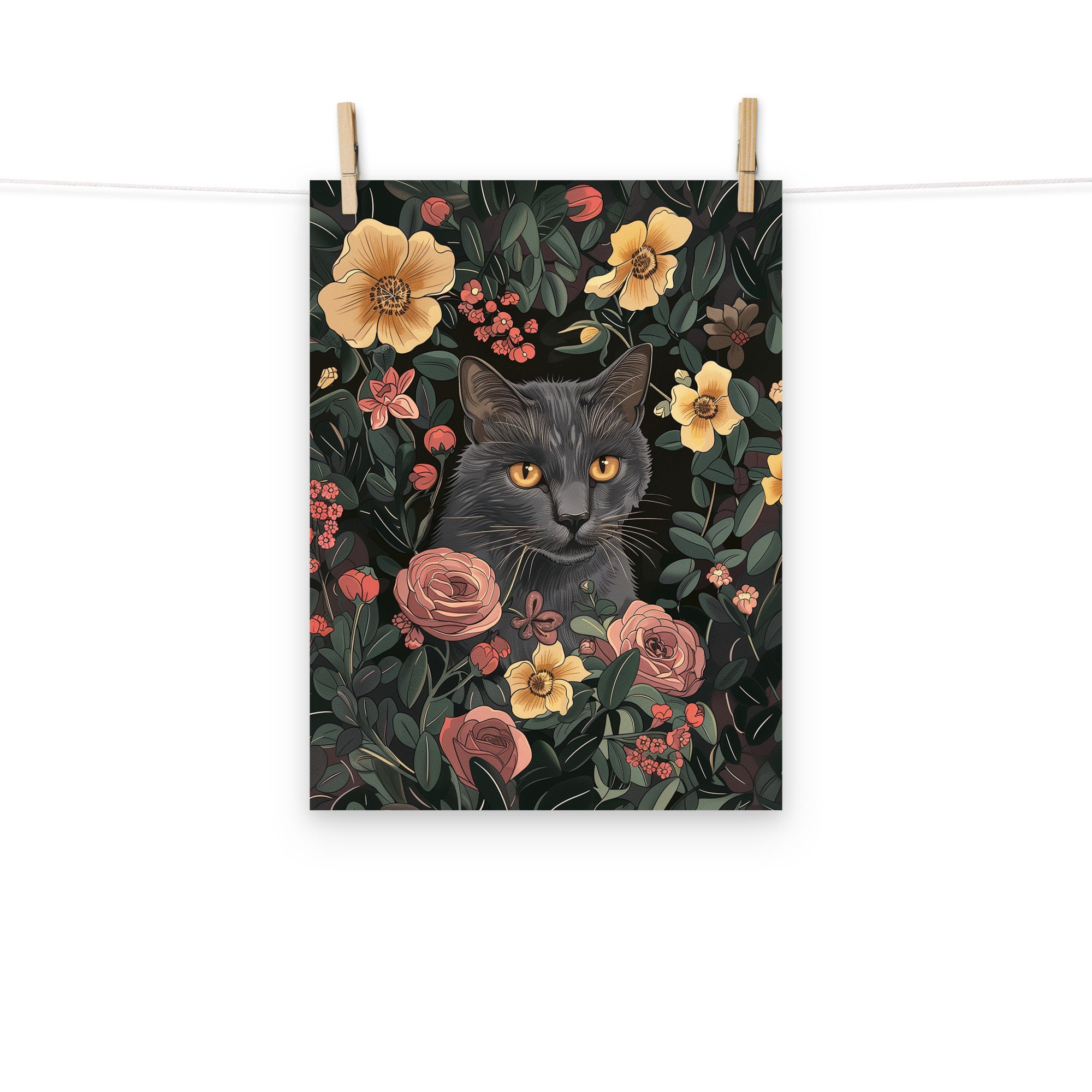 Floral Cat Poster - Russian Blue and Flowers Art Print for Whimsical ...