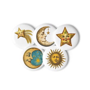 Vintage Celestial Button Set – Sun, Moon, and Stars Pins with Retro Faces, Cosmic Accessories for Jackets, Bags, Gifts