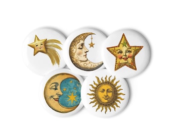 Vintage Celestial Button Set – Sun, Moon, and Stars Pins with Retro Faces, Cosmic Accessories for Jackets, Bags, Gifts