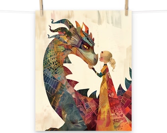 Whimsical Maiden and Dragon Poster - Colorful Fantasy Art for Enchanting Decor