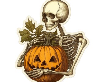 Naklejka Vintage Skeleton with Pumpkin – naklejka Retro Halloween Jack-o'-Lantern na laptopy, albumy i nie tylko