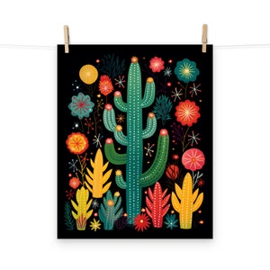 Buntes Kaktus und Blumen Volkskunst Poster - Blumendruck für Wohnkultur Geschenk für Naturliebhaber Wüstendruck