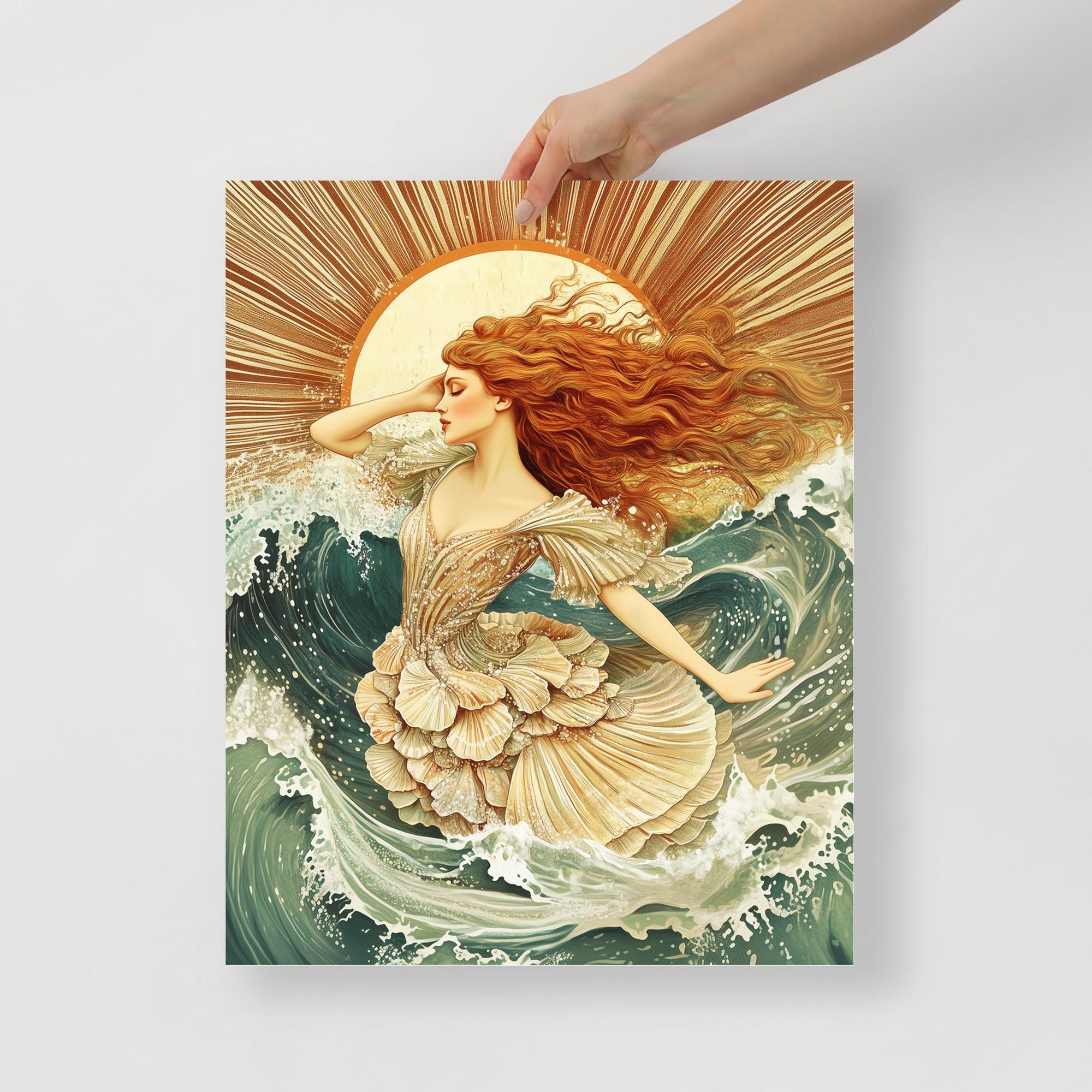 Art Nouveau Sea Goddess and Sun Poster – Vintage Ocean Art for