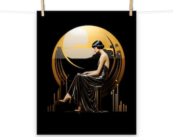 Poster femme art déco doré et noir - impression d'art vintage pour une décoration intérieure rétro
