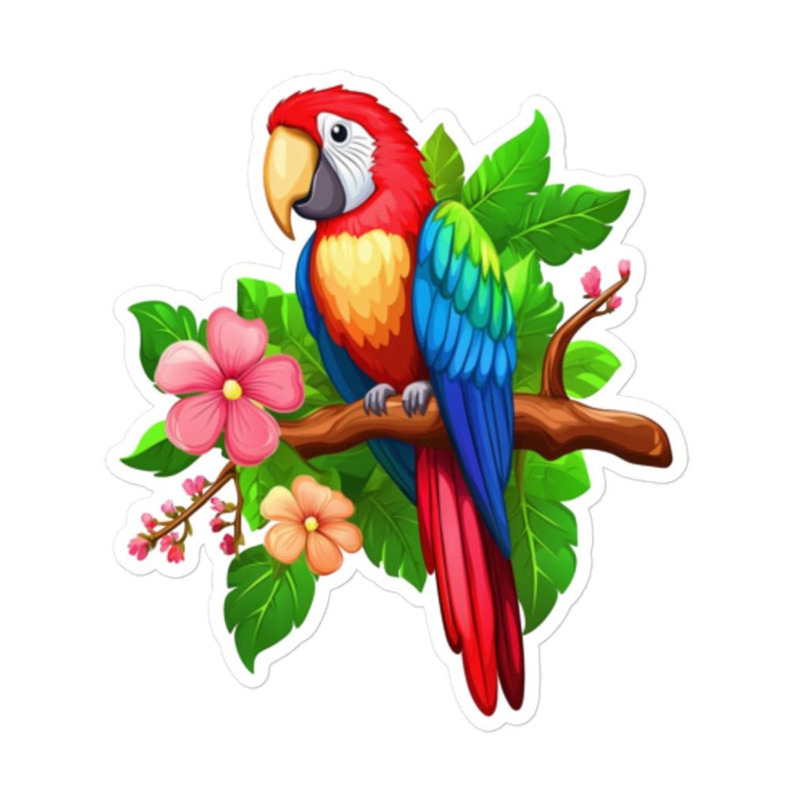 Colorful Tropical Parrot Sticker - Bird With Leaves and Flowers Decal ...