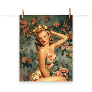 Retro Floral Pin-Up Poster - Elegant 1950s Beauty Amidst Blossoms, Classic Vintage Art Print for Home