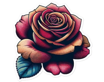 May include: A single red rose with a yellow center and a green leaf. The rose is drawn in a vintage style with a stippled texture.