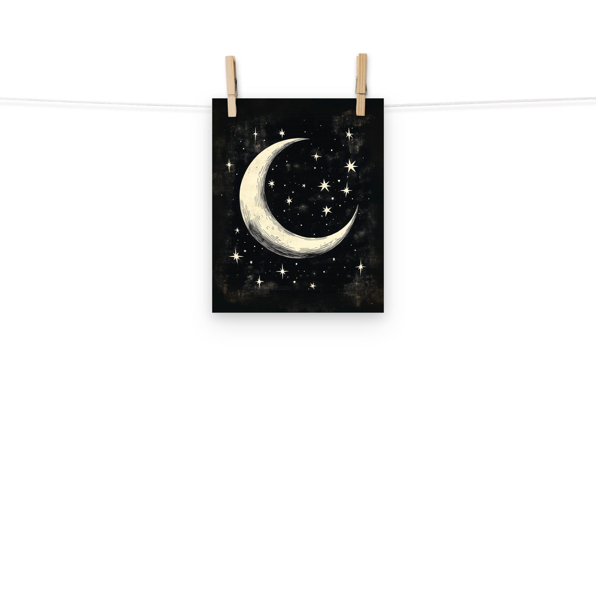 Vintage Crescent Moon & Stars Poster – Celestial Night Sky Print for ...